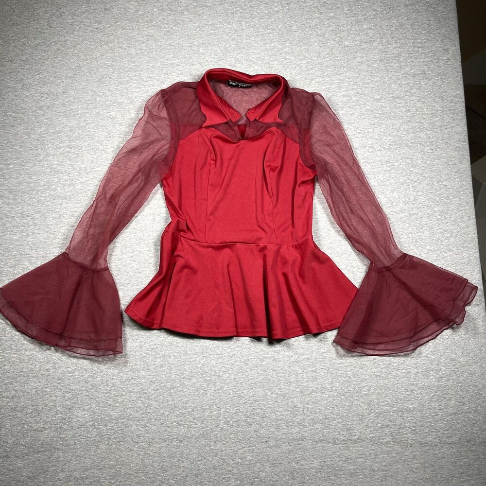 Scarlet Darkness Blouse Womens L Red Sheer Bell Sleeve Collared Zip Peplum
